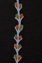 Gond art-inspired hand-painted linen shirt featuring vertically extending branching botanical forms constructed through layered linear surface detailing beside a structured button placket on a visible linen surface with pigment variation and textile weave.