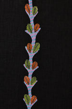 Load image into Gallery viewer, Gond art-inspired hand-painted linen shirt placket close-up featuring vertically extending branching botanical forms constructed through layered linear surface detailing beside a structured button placket on a visible linen surface with pigment variation and textile weave.