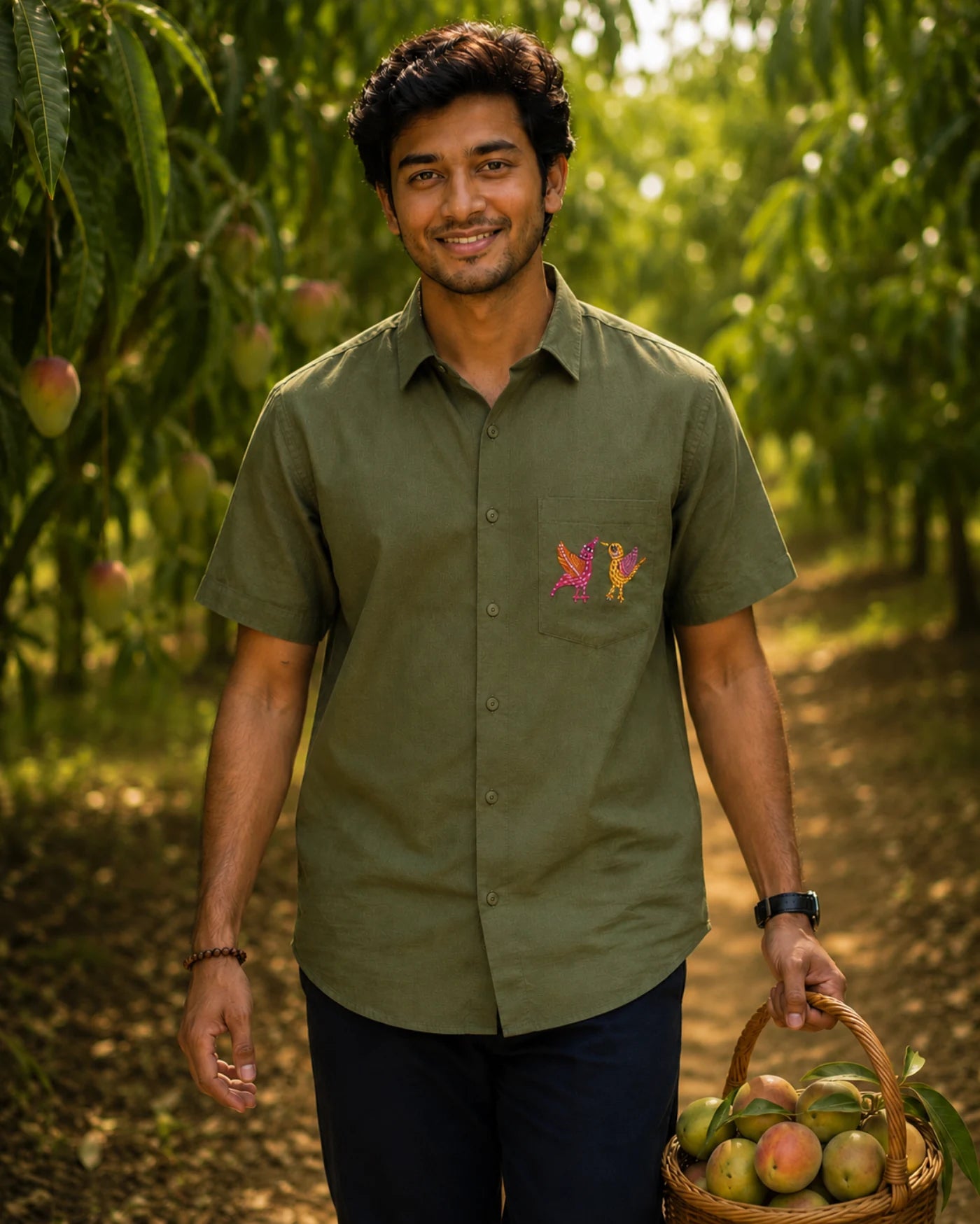 Gond hand-painted linen shirt featuring two bird forms positioned on the front pocket, photographed within a mango orchard setting while carrying a basket of raw and ripening mangoes in natural light.