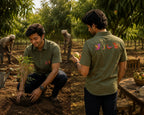 Gond hand-painted linen shirt featuring two bird motifs on the chest pocket and four bird forms arranged horizontally across the back, observed within a mango orchard setting during tree planting and open-air orchard work in warm natural light.