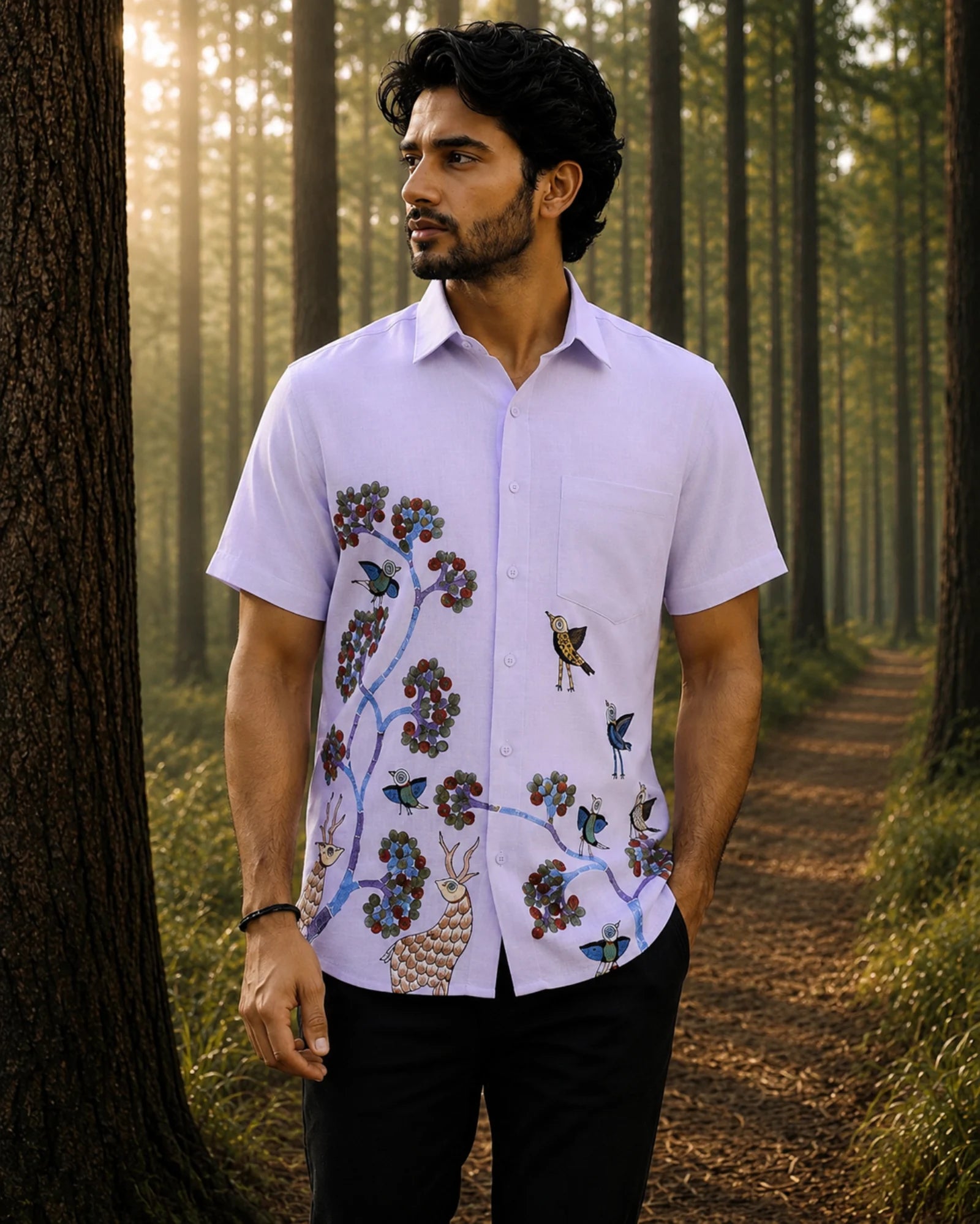 Gond hand-painted linen shirt featuring birds, branching tree forms, deer figures, and flowering elements flowing across the front panel, photographed while walking through a mist-covered forest trail in soft early morning light with tall woodland trees fading into the background.