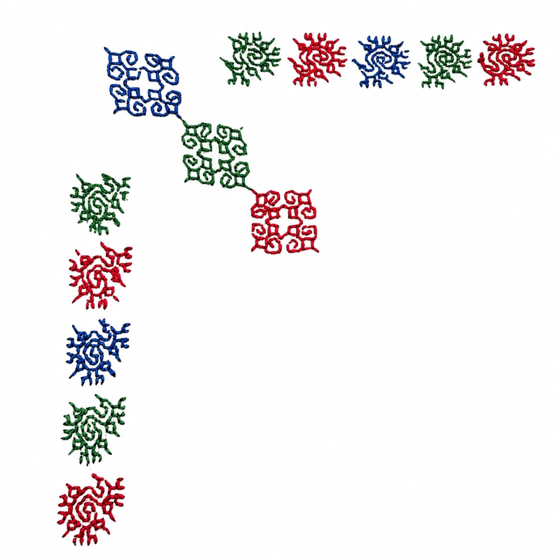 Peacock motif Kasuti embroidery rendered through the traditional Murgi stitch technique of Karnataka, featuring interconnected geometric formations and mirrored directional movement articulated in cobalt blue, emerald green and vermilion red threadwork. The composition highlights counted stitch discipline, flowing geometric continuity, and the tactile precision characteristic of hand-executed Kasuti embroidery traditions on Mulmul Khadi.