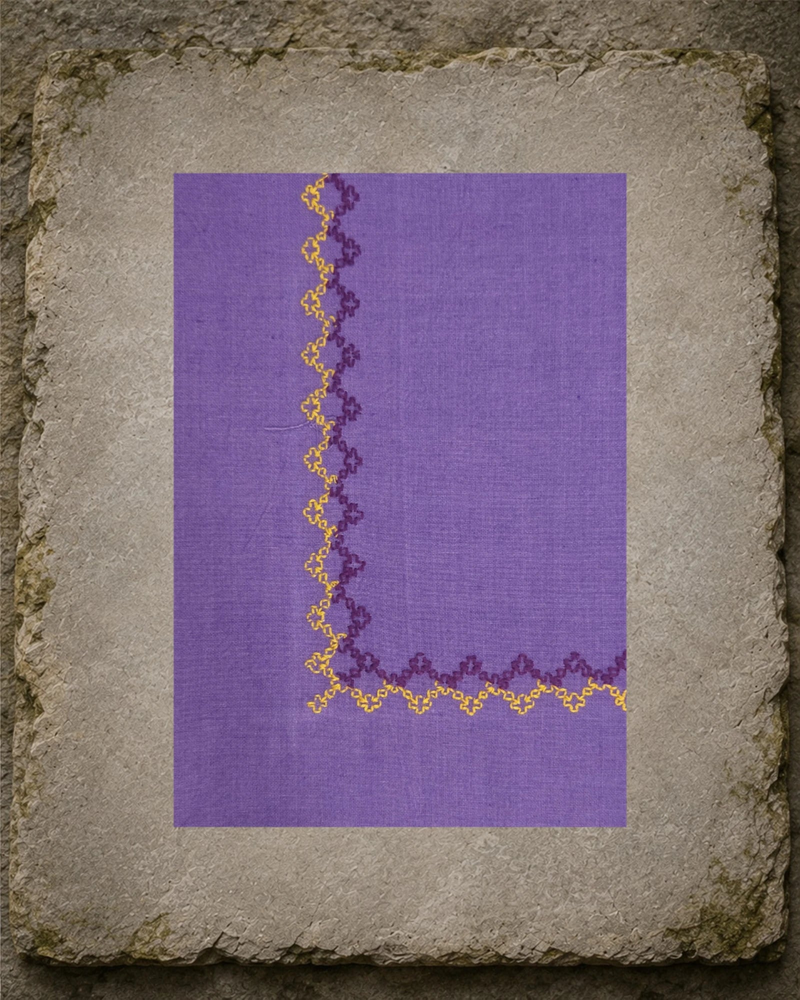 Close detail of the Biligiri Kasuti border showing the yellow and deep plum Betel Box motifs, counted stitchwork and the visible khadi weave at the corner.