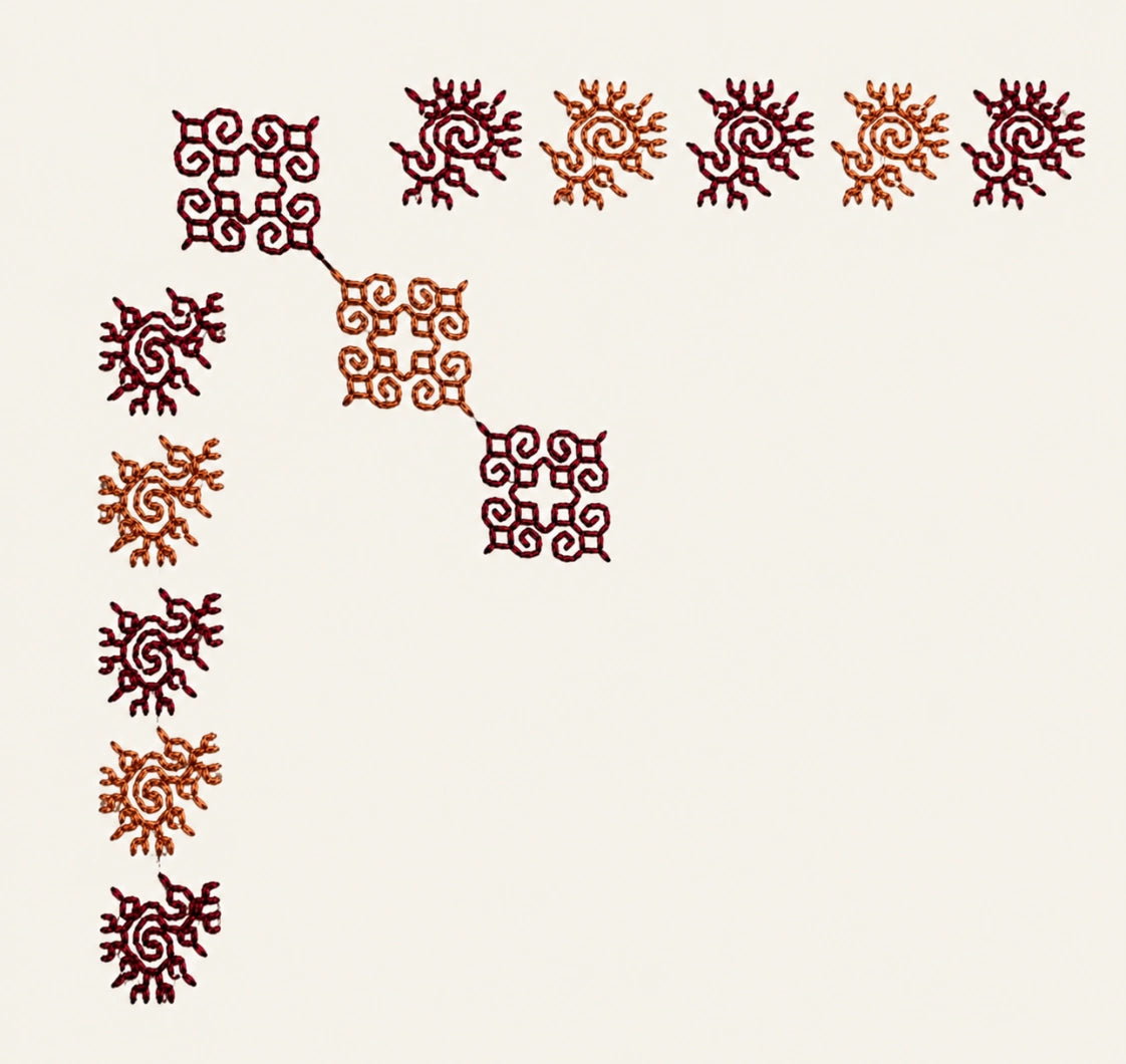 Kasuti embroidery composition featuring peacock motifs and interconnected geometric lattice formations executed through the traditional Murgi stitch technique of Karnataka. Garnet red and burnished copper threadwork create alternating tonal contrast and rhythmic visual movement, revealing the counted precision, unbroken stitch progression, and layered hand craftsmanship characteristic of enduring Kasuti embroidery traditions on Mulmul Khadi.