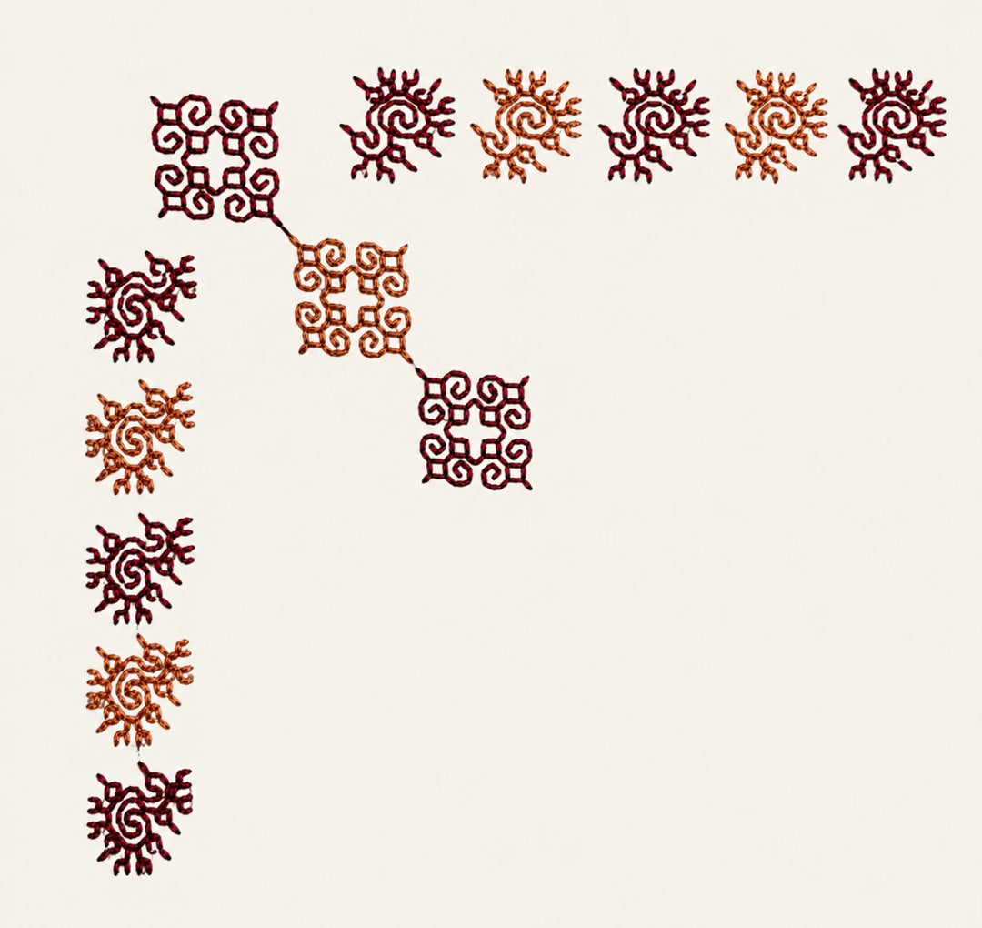 Kasuti embroidery composition featuring peacock motifs and interconnected geometric lattice formations executed through the traditional Murgi stitch technique of Karnataka. Garnet red and burnished copper threadwork create alternating tonal contrast and rhythmic visual movement, revealing the counted precision, unbroken stitch progression, and layered hand craftsmanship characteristic of enduring Kasuti embroidery traditions on Mulmul Khadi.