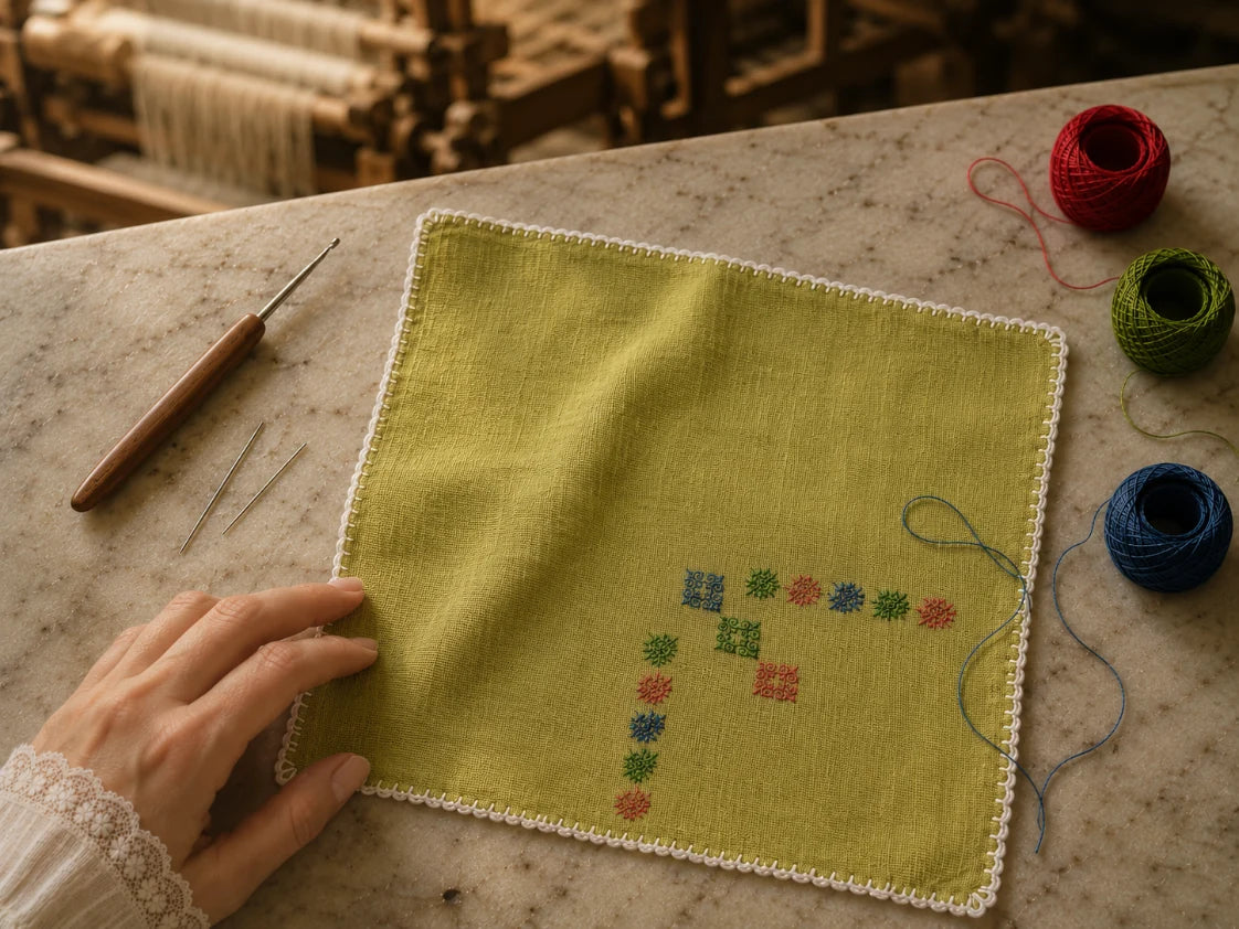 Hand embroidered in the Kasuti tradition of Karnataka, this Mulmul Khadi pocket square features a measured peacock motif composition arranged through counted stitch geometry and open negative space. The cloth carries softened folds, delicate weave movement, and subtle irregularities formed through extended hand process, while the hand-crocheted edging preserves the tactile continuity of the textile. Photographed across a marble craft surface beside embroidery threads, crochet tools, and a working handloom, 