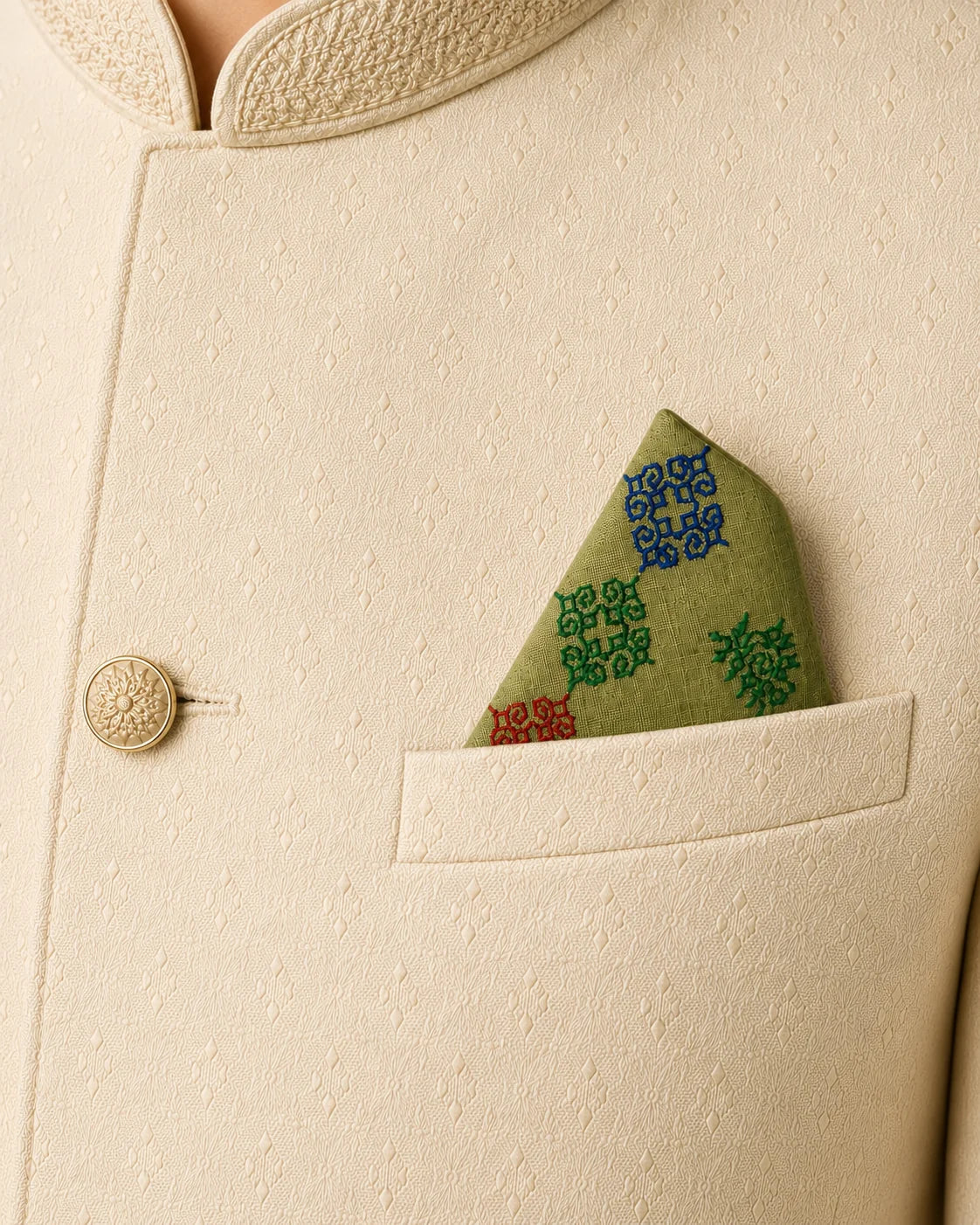 Alaap hand embroidered Kasuti pocket square crafted in 100% Mulmul Khadi, featuring peacock and geometric forms articulated through cobalt blue, emerald green and vermilion red threadwork. Resting within the pocket of an ivory ceremonial jacket, the composition draws attention to the flowing structure of counted Kasuti embroidery, the translucent softness of handwoven khadi, and the understated dialogue between Indian formalwear and living craft traditions under museum-toned illumination.