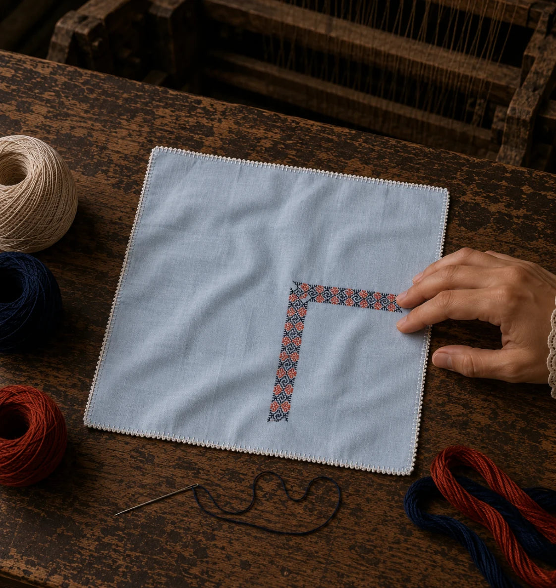 Finished with hand-crocheted edging, this Kasuti pocket square featuring a Swastik motif carries the measured irregularities and softened movement that emerge only through prolonged hand execution. Arka is photographed within an active weaving environment where thread, cloth, and gesture remain visibly interconnected, reflecting a Kasuti embroidery lineage shaped through repetition, spacing, and disciplined hand process.