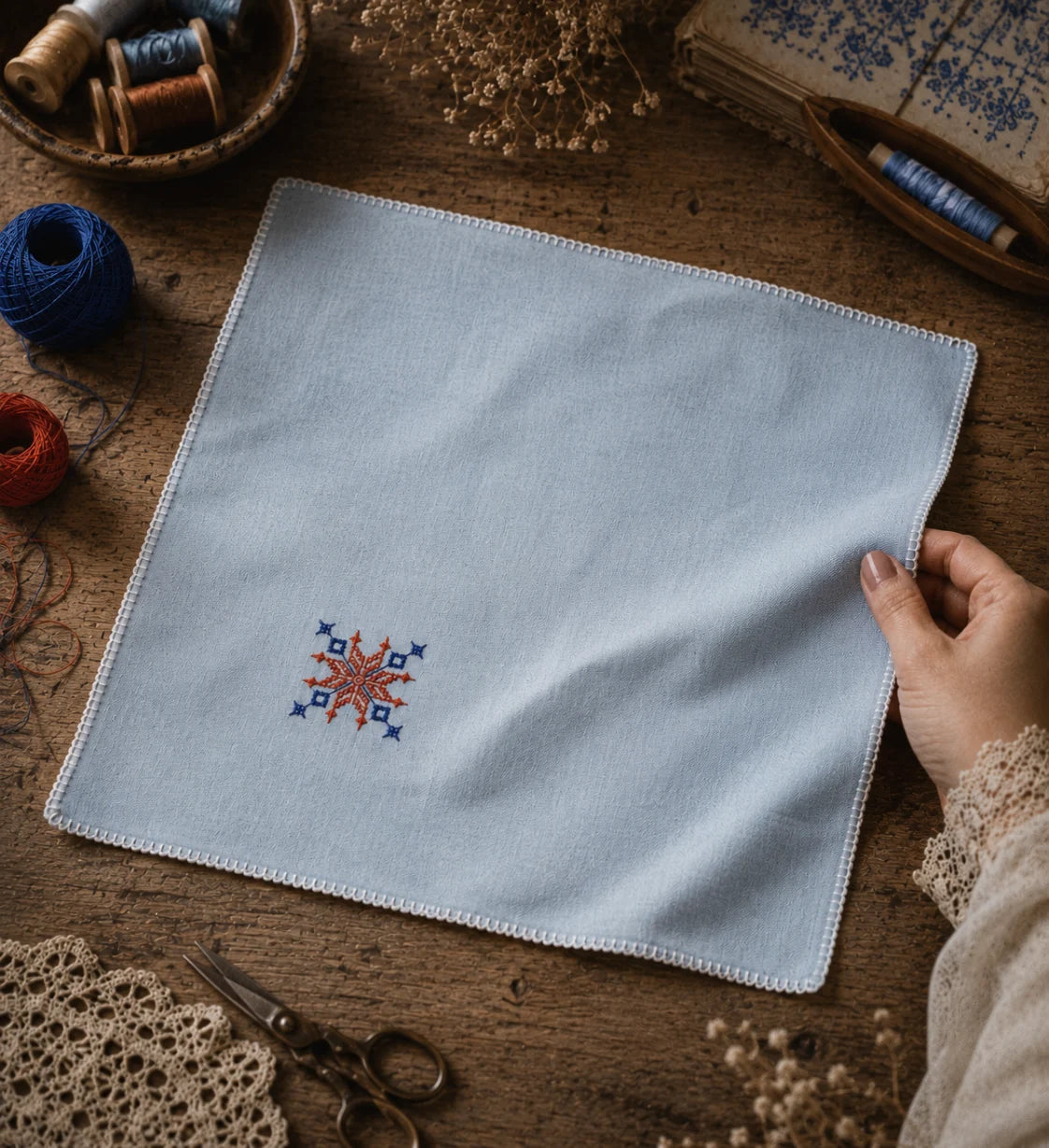 Kasuti hand embroidered pocket square on 100% Mulmul Khadi featuring a lotus geometric motif in ember and indigo threadwork, finished with hand-crocheted edging and photographed within a handcrafted textile workspace alongside embroidery threads, crochet lace, tailoring scissors, dried florals, wooden weaving tools, archival textile studies, and visible hand interaction that reflects the quiet continuity and patience of prolonged hand embroidery practice.