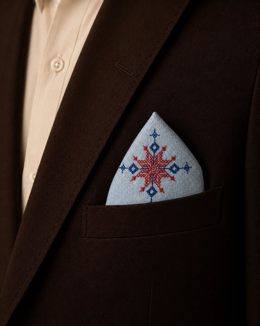 Hand embroidered Kasuti pocket square in 100% Mulmul Khadi featuring a lotus motif rendered in ember red and deep indigo threadwork, styled within the breast pocket of a dark chocolate tailored jacket against a soft ivory shirt. The composition highlights the radial geometry of traditional Kasuti embroidery alongside the fine handwoven texture, hand-finished detailing, and quiet material presence of Mulmul Khadi under warm archival lighting.