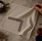 Finished with hand-crocheted edging, this Kasuti pocket square featuring a Swastik motif preserves subtle weave irregularities and softened surface variations formed through prolonged hand execution. Photographed within a slow craft environment shaped by textile practice and material continuity, Ritam reflects an approach to ornamentation rooted in geometry, repetition, and disciplined hand embroidery traditions of Karnataka.