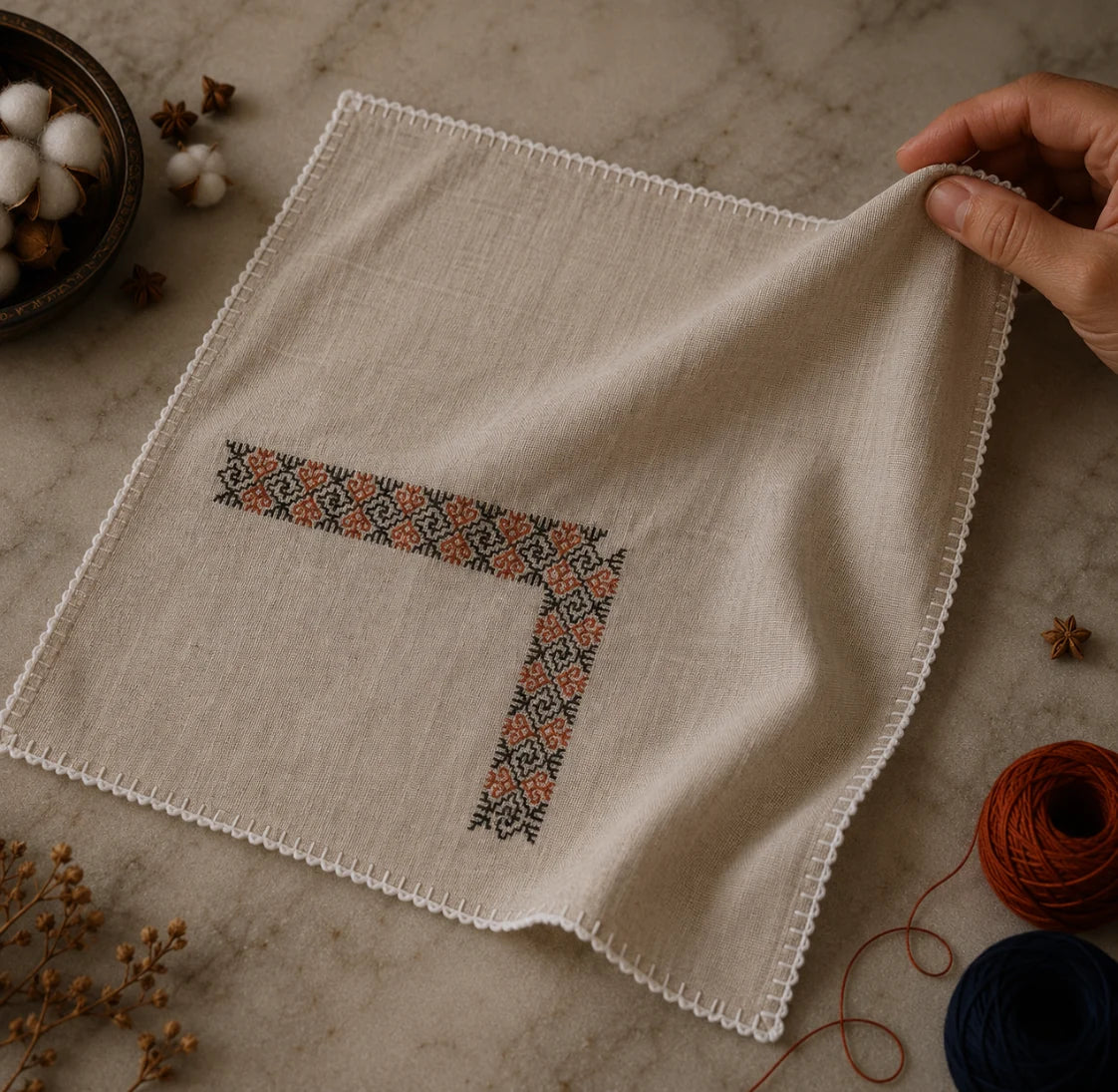 Finished with hand-crocheted edging, this Kasuti pocket square featuring a Swastik motif preserves subtle weave irregularities and softened surface variations formed through prolonged hand execution. Photographed within a slow craft environment shaped by textile practice and material continuity, Ritam reflects an approach to ornamentation rooted in geometry, repetition, and disciplined hand embroidery traditions of Karnataka.