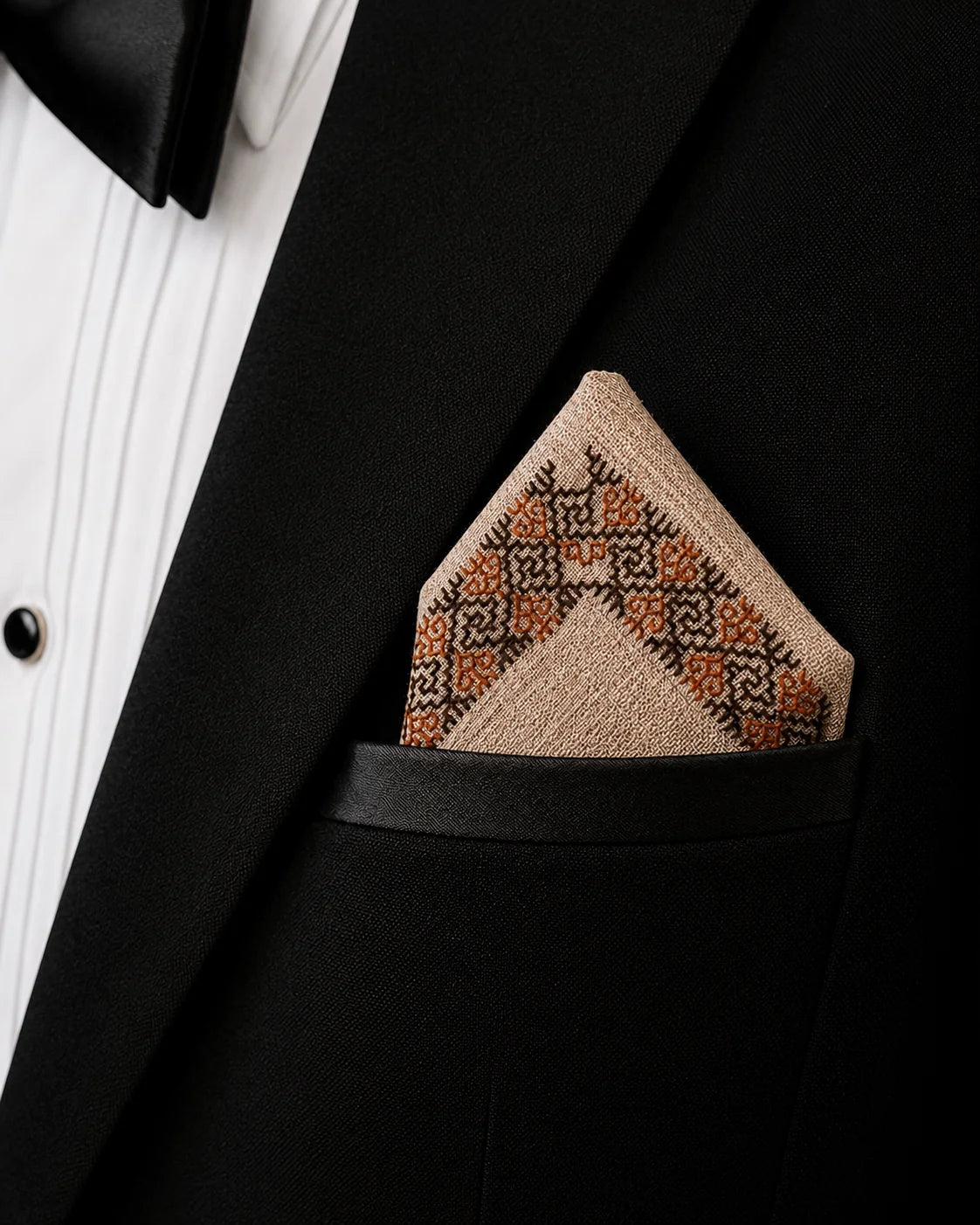 Hand embroidered Ritam Kasuti pocket square in 100% Mulmul Khadi featuring a Swastik geometric border composition rendered in burnished copper and deep espresso threadwork, folded within the breast pocket of a black tuxedo jacket paired with a pleated ivory shirt. The composition highlights the formal discipline of counted Kasuti embroidery, softened Mulmul weave texture, and the contrast between ceremonial tailoring and enduring handcraft under softened ambient light.