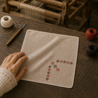 Hand embroidered in the Kasuti tradition of Karnataka, this Mulmul Khadi pocket square features peacock motifs arranged through counted stitch geometry and open spacing. Softened folds, delicate weave movement, and hand-crocheted edging preserve the tactile continuity of the textile. Photographed across a marble craft surface beside embroidery threads, crochet tools, and a working handloom, Alaap reflects the layered rhythm and living memory of prolonged hand embroidery practice.