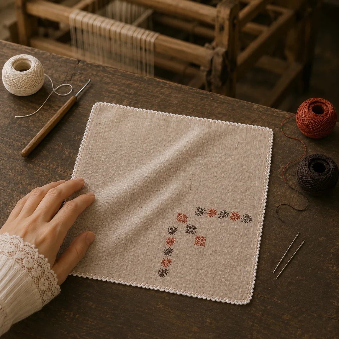 Hand embroidered in the Kasuti tradition of Karnataka, this Mulmul Khadi pocket square features peacock motifs arranged through counted stitch geometry and open spacing. Softened folds, delicate weave movement, and hand-crocheted edging preserve the tactile continuity of the textile. Photographed across a marble craft surface beside embroidery threads, crochet tools, and a working handloom, Alaap reflects the layered rhythm and living memory of prolonged hand embroidery practice.