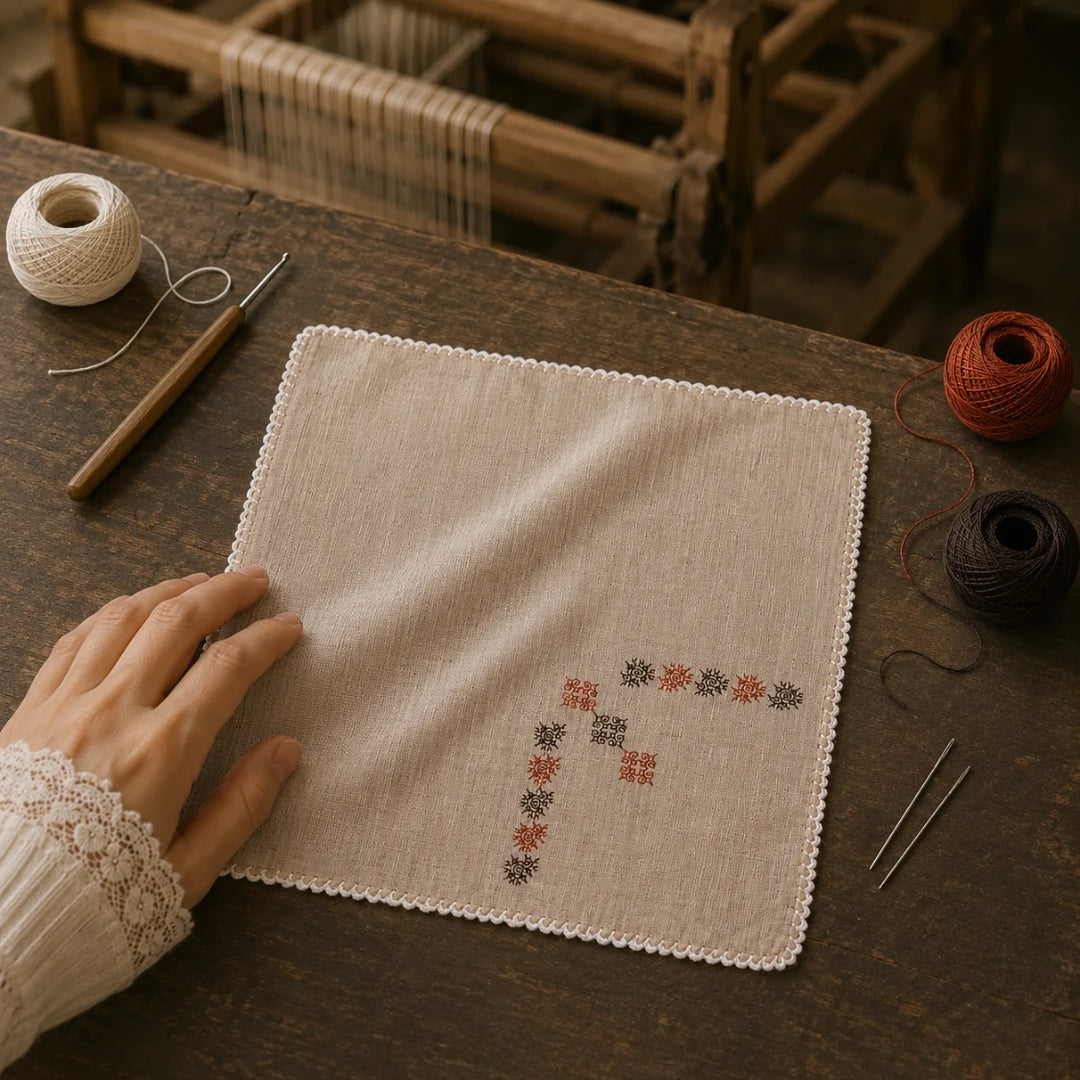 Hand embroidered in the Kasuti tradition of Karnataka, this Mulmul Khadi pocket square features peacock motifs arranged through counted stitch geometry and open spacing. Softened folds, delicate weave movement, and hand-crocheted edging preserve the tactile continuity of the textile. Photographed across a marble craft surface beside embroidery threads, crochet tools, and a working handloom, Alaap reflects the layered rhythm and living memory of prolonged hand embroidery practice.