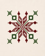 Archival study of Kasuti hand embroidery featuring a lotus geometric motif rendered through the traditional Murgi and Mente stitch techniques of Karnataka. The embroidery reveals controlled stitch cadence, layered stitch geometry, and balanced radial symmetry, reflecting the precision and continuity characteristic of historic counted hand embroidery traditions.