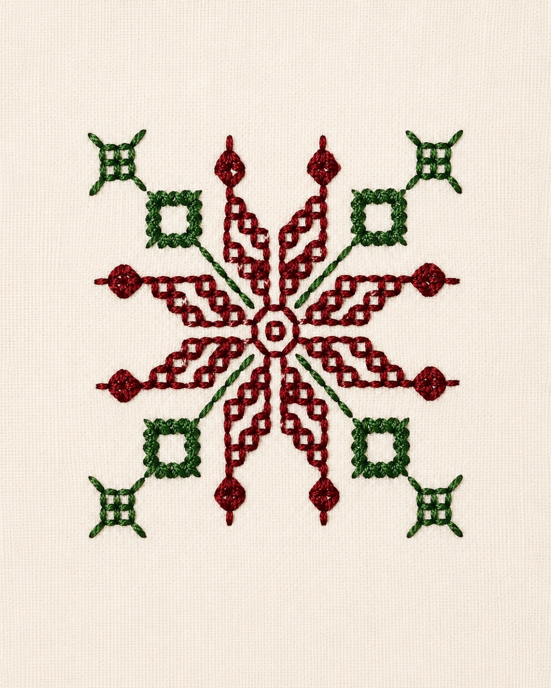 Archival study of Kasuti hand embroidery featuring a lotus geometric motif rendered through the traditional Murgi and Mente stitch techniques of Karnataka. The embroidery reveals controlled stitch cadence, layered stitch geometry, and balanced radial symmetry, reflecting the precision and continuity characteristic of historic counted hand embroidery traditions.