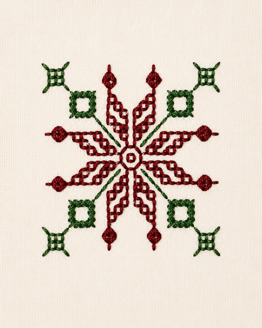 Archival study of Kasuti hand embroidery featuring a lotus geometric motif rendered through the traditional Murgi and Mente stitch techniques of Karnataka. The embroidery reveals controlled stitch cadence, layered stitch geometry, and balanced radial symmetry, reflecting the precision and continuity characteristic of historic counted hand embroidery traditions.