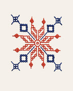Archival detail study of Kasuti hand embroidery featuring a lotus geometric motif executed through the traditional Murgi and Mente stitch techniques of Karnataka. The composition reveals radial balance, counted thread progression, and finely controlled directional movement, preserving the structural discipline and rhythmic precision characteristic of historic Kasuti embroidery traditions.