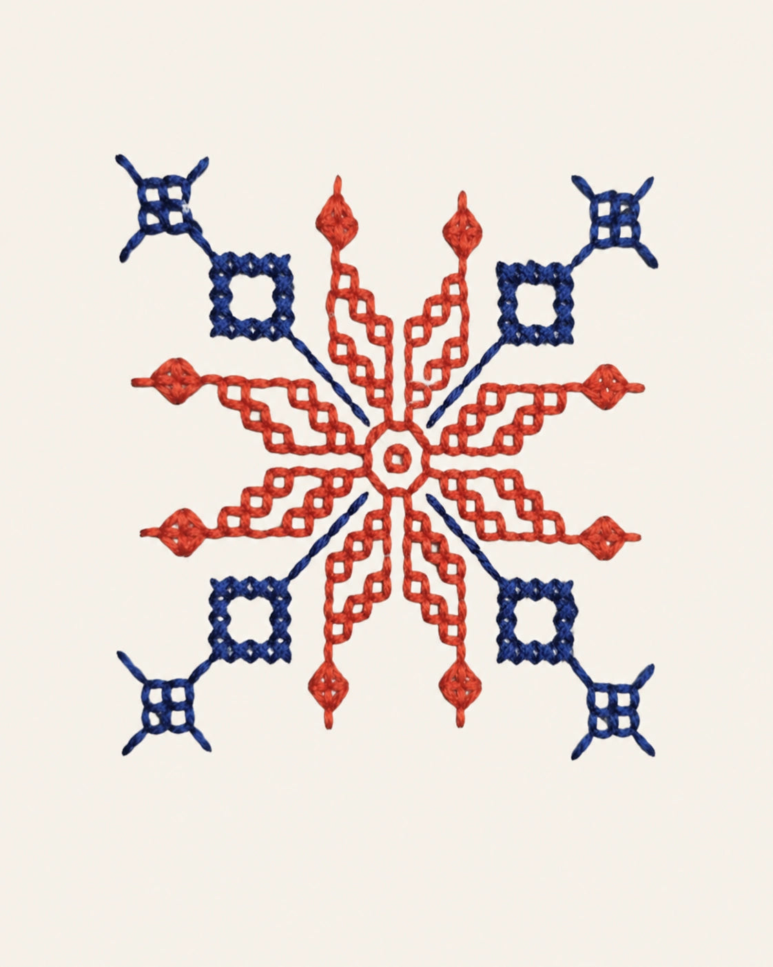 Archival detail study of Kasuti hand embroidery featuring a lotus geometric motif executed through the traditional Murgi and Mente stitch techniques of Karnataka. The composition reveals radial balance, counted thread progression, and finely controlled directional movement, preserving the structural discipline and rhythmic precision characteristic of historic Kasuti embroidery traditions.