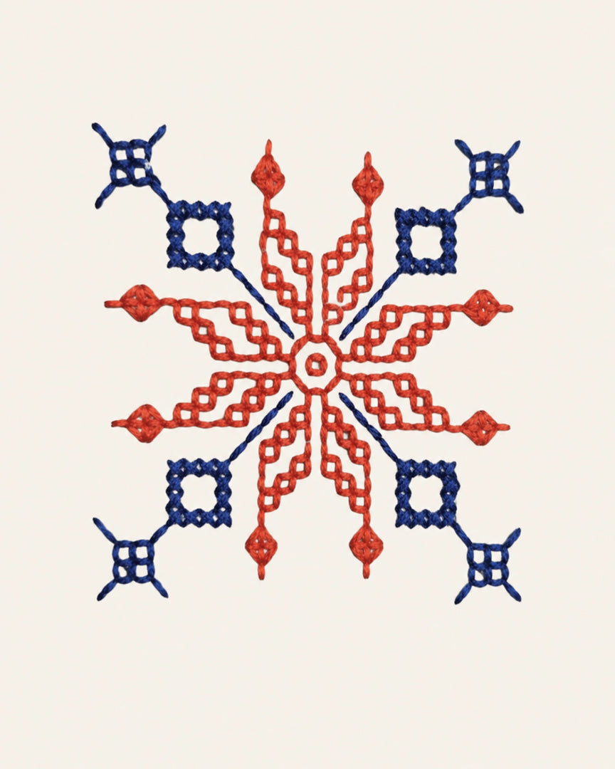 Archival detail study of Kasuti hand embroidery featuring a lotus geometric motif executed through the traditional Murgi and Mente stitch techniques of Karnataka. The composition reveals radial balance, counted thread progression, and finely controlled directional movement, preserving the structural discipline and rhythmic precision characteristic of historic Kasuti embroidery traditions.