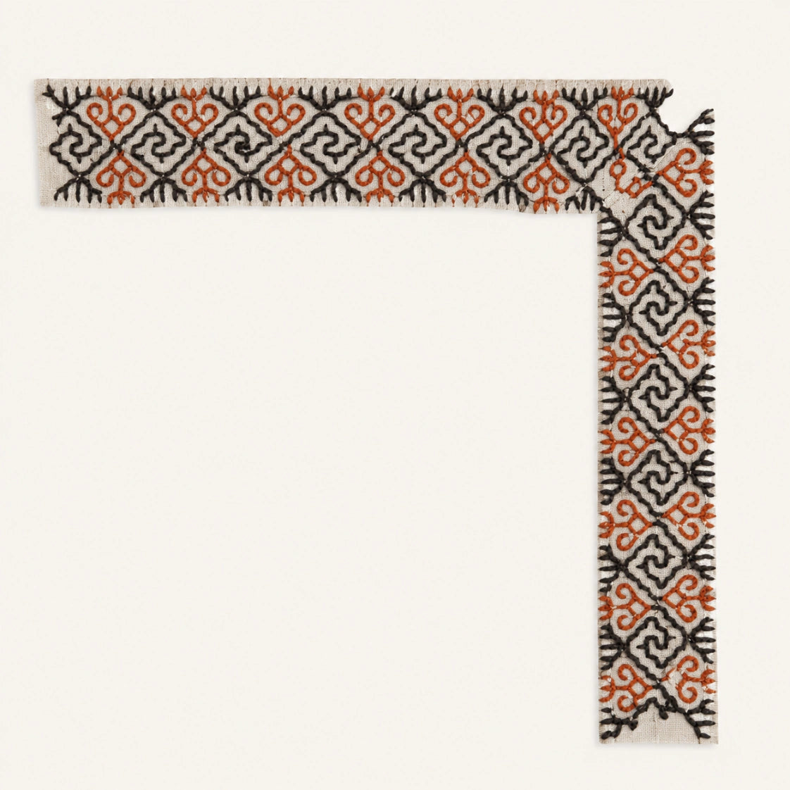 Archival Kasuti embroidery detail featuring a Swastik motif arranged as a continuous border formation through the traditional Murgi and Gavanti stitch techniques of Karnataka. The composition preserves mirrored geometric continuity, sequential stitch precision, and the quiet irregularities of prolonged hand execution, with burnt copper and dark espresso threadwork articulating the architectural rhythm of the embroidered structure.