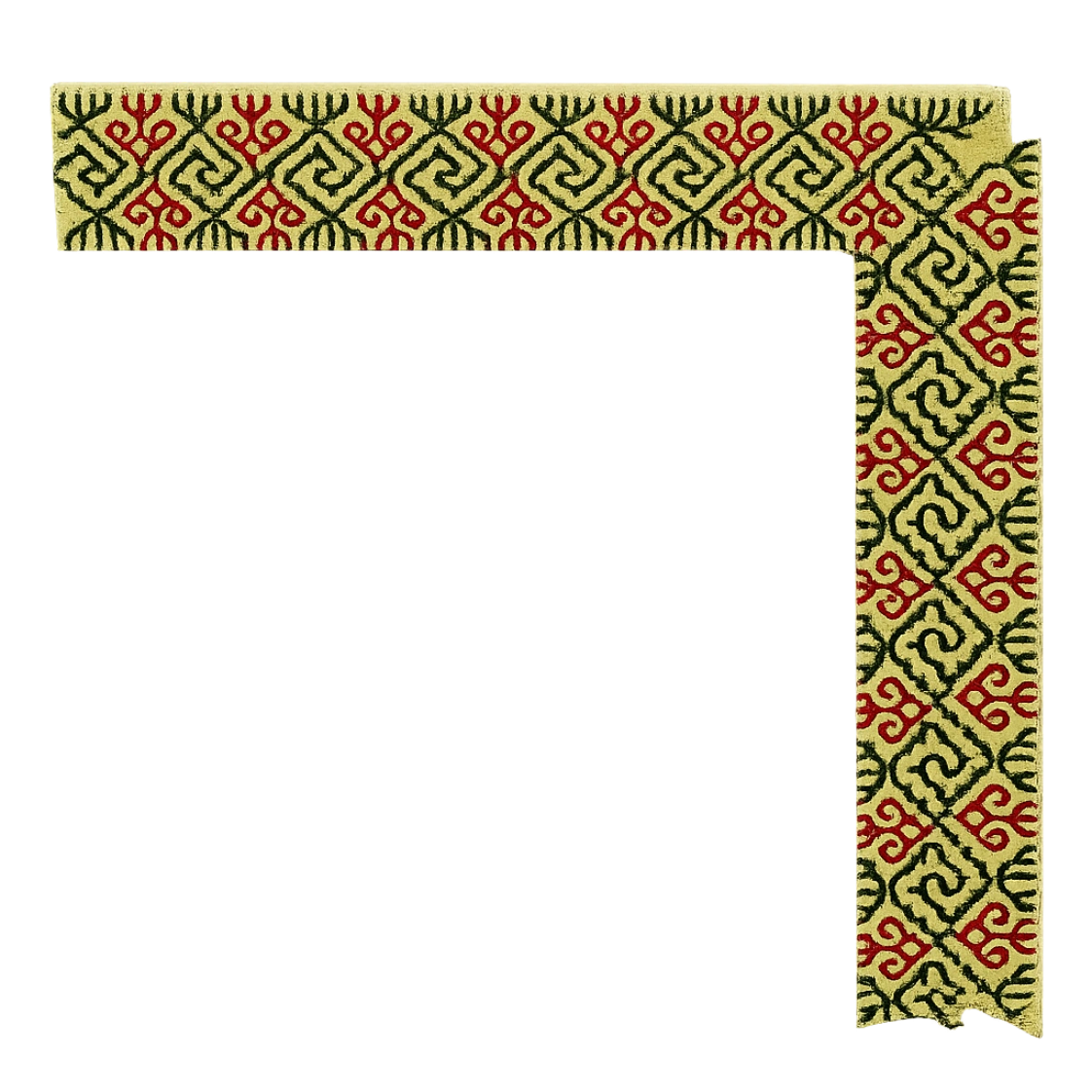 Archival detail study of Kasuti hand embroidery featuring a Swastik motif executed through the traditional Murgi and Gavanti stitch techniques of Karnataka. The interconnected border composition reveals counted geometric repetition, directional thread movement, and disciplined hand-controlled symmetry, while deep maroon and moss green embroidery threads reinforce the measured rhythm characteristic of historic Kasuti embroidery traditions.