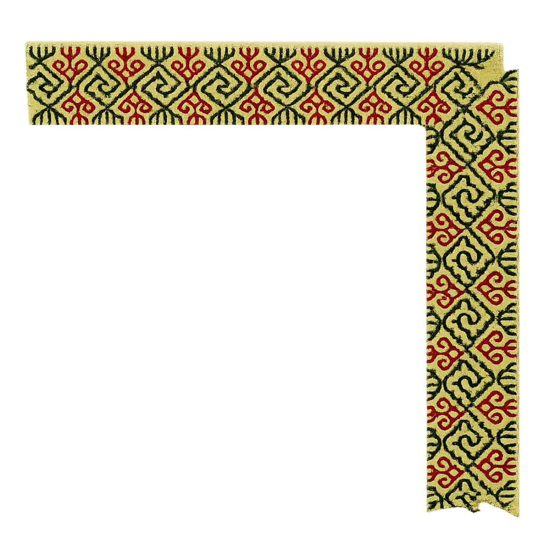 Archival detail study of Kasuti hand embroidery featuring a Swastik motif executed through the traditional Murgi and Gavanti stitch techniques of Karnataka. The interconnected border composition reveals counted geometric repetition, directional thread movement, and disciplined hand-controlled symmetry, while deep maroon and moss green embroidery threads reinforce the measured rhythm characteristic of historic Kasuti embroidery traditions.
