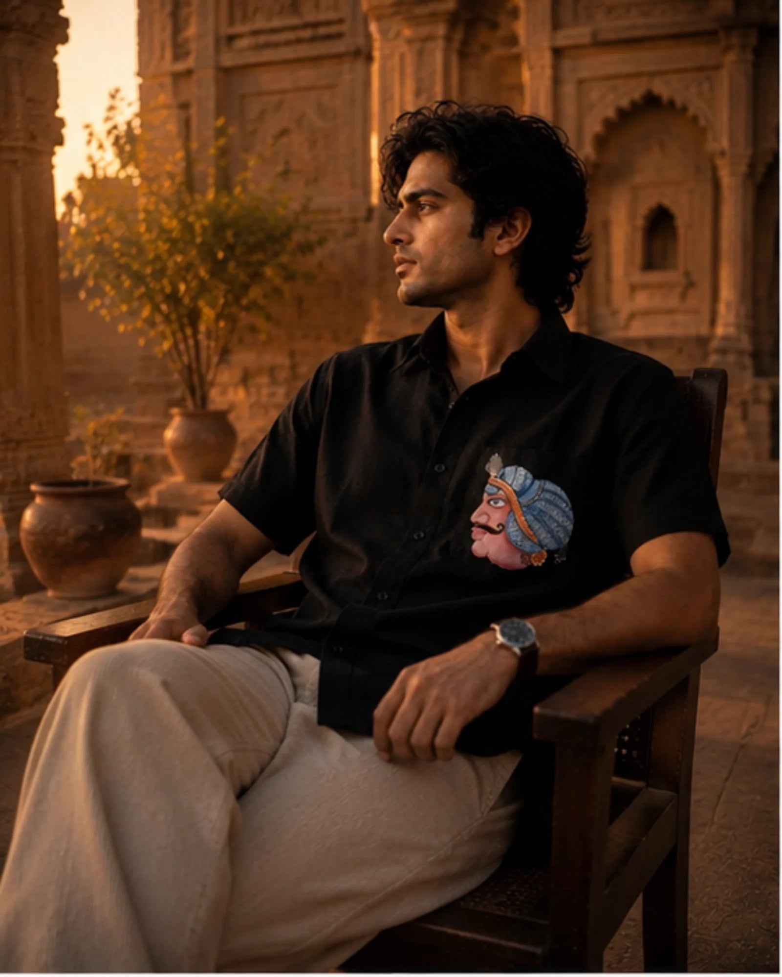 Odisha Pattachitra hand-painted black linen shirt featuring a portrait motif on the chest pocket, observed seated within a sandstone courtyard in warm evening light.
