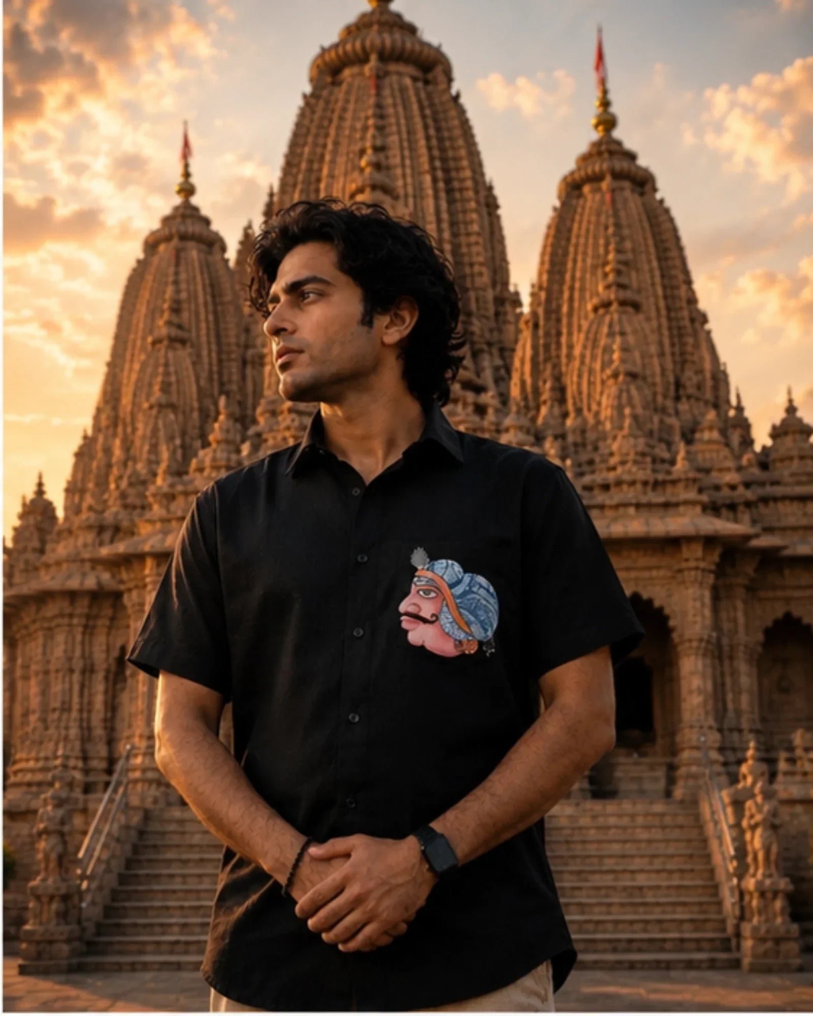 Odisha Pattachitra hand-painted linen shirt featuring a portrait motif on the chest pocket, observed before temple architecture in warm evening light.