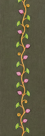 Close-up of hand-painted Odisha Pattachitra floral vine detailing running vertically along the placket of a linen shirt, showing curved stemwork and patterned leaf forms.