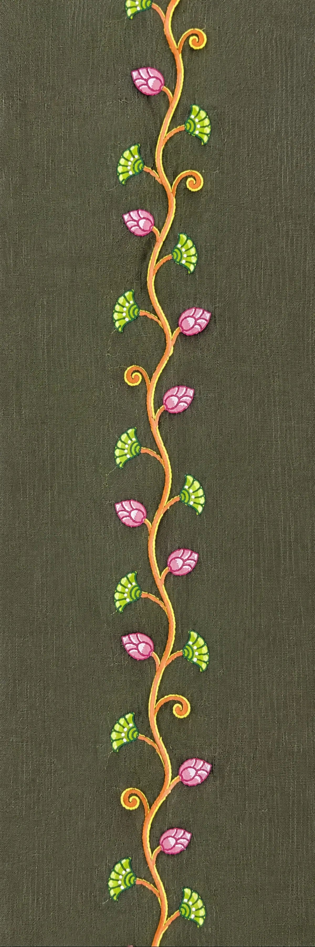 Close-up of hand-painted Odisha Pattachitra floral vine detailing running vertically along the placket of a linen shirt, showing curved stemwork and patterned leaf forms.