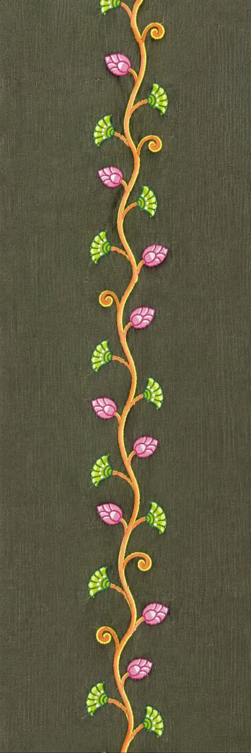 Close-up of hand-painted Odisha Pattachitra floral vine detailing running vertically along the placket of a linen shirt, showing curved stemwork and patterned leaf forms.