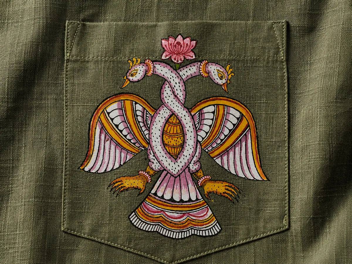 Close-up of hand-painted Odisha Pattachitra detailing on a linen shirt pocket showing intertwined bird forms, lotus elements, and fine painted linework.
