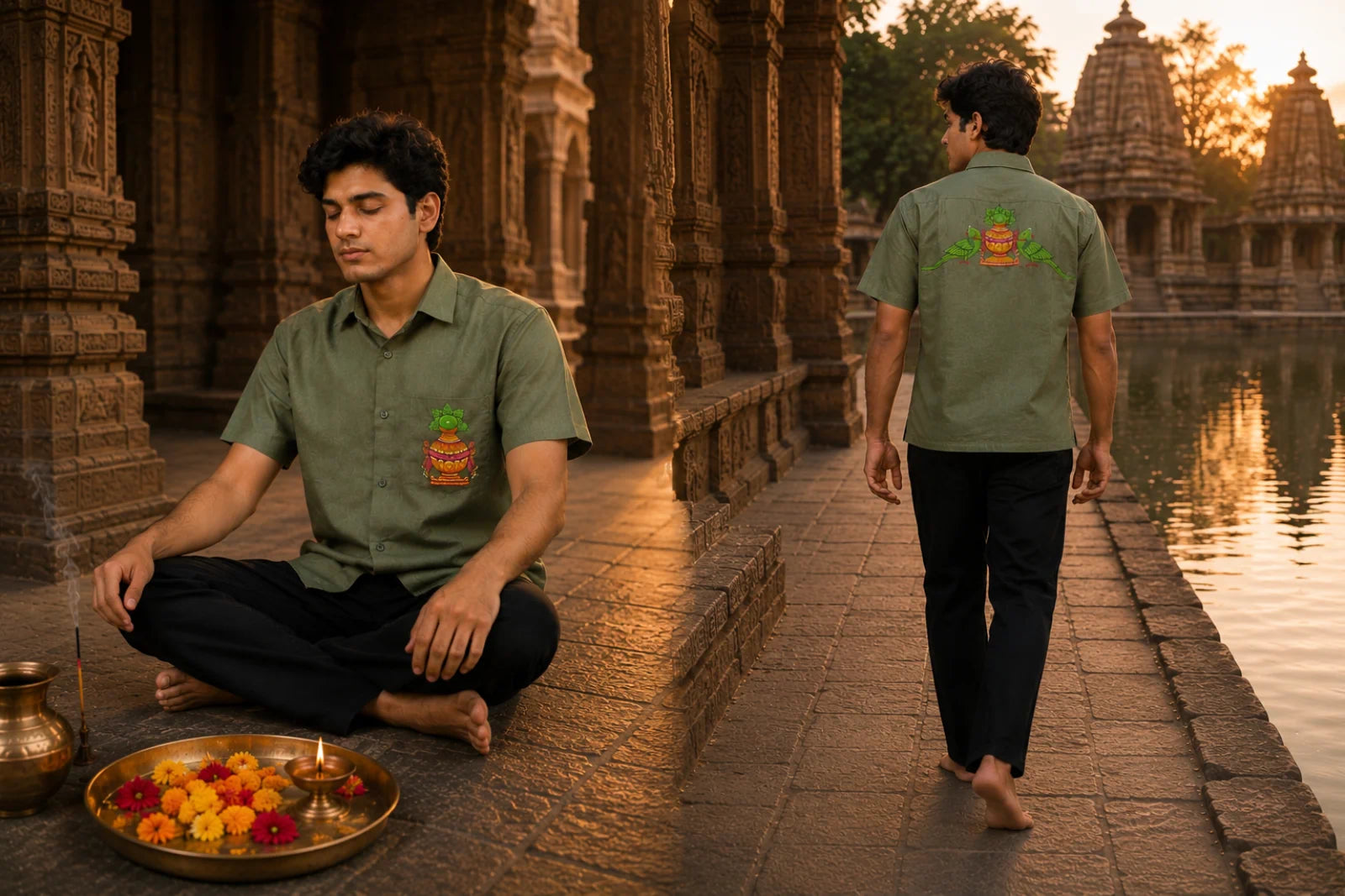 Odisha Pattachitra hand-painted linen shirt featuring a ceremonial kalash artwork on the chest pocket and twin parrot motifs arranged around a central kalash across the back, observed in front and back within a historic temple corridor and lakeside temple setting during golden hour.