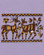 Sohrai Jar hand-painted linen shirt close-up featuring a stag and doe surrounded by flowers and leafy branches within painted horizontal borders.