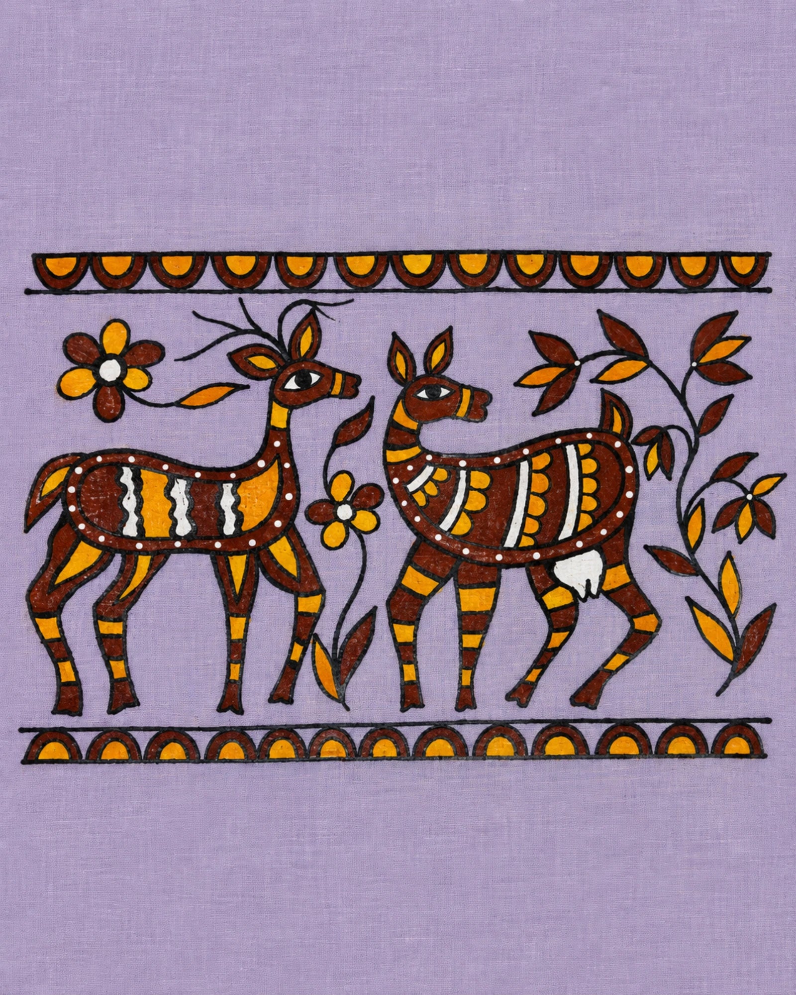 Sohrai Jar hand-painted linen shirt close-up featuring a stag and doe surrounded by flowers and leafy branches within painted horizontal borders.