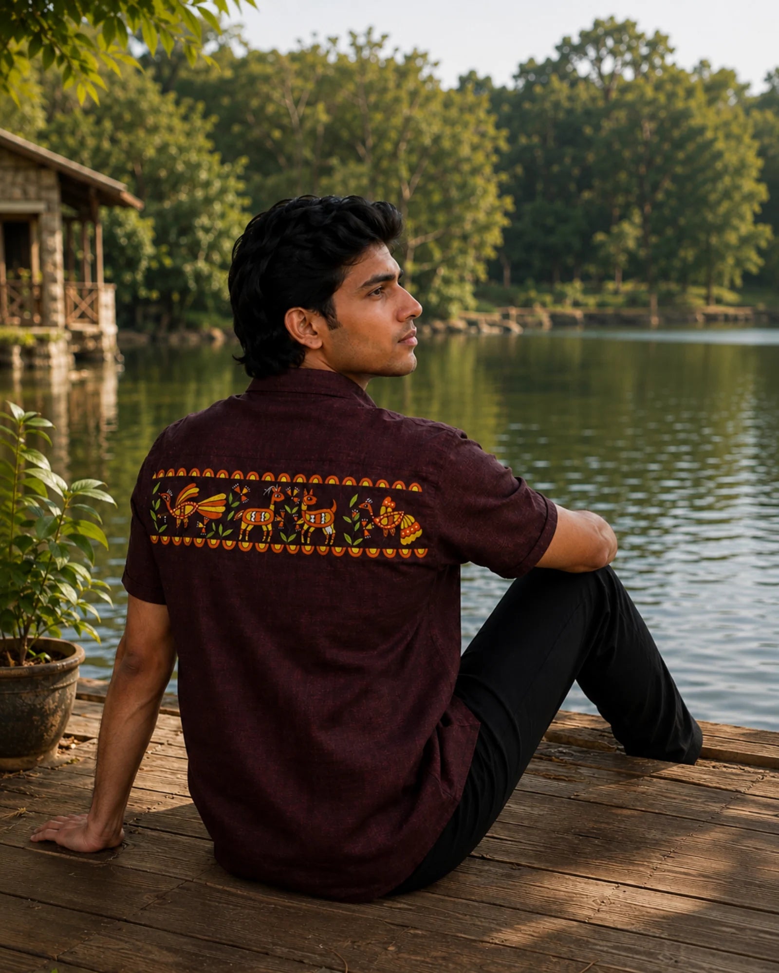 Sohrai Jeev Pravah hand-painted linen shirt viewed from the back beside a lake, featuring a peacock and peahen, stag and doe, flowering vegetation and painted borders.