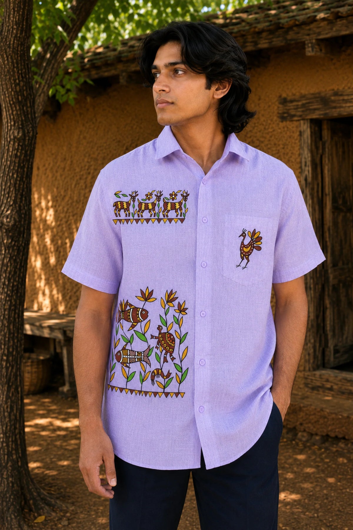 Sohrai Jiwi hand-painted linen shirt featuring deer, aquatic life and bird artworks.