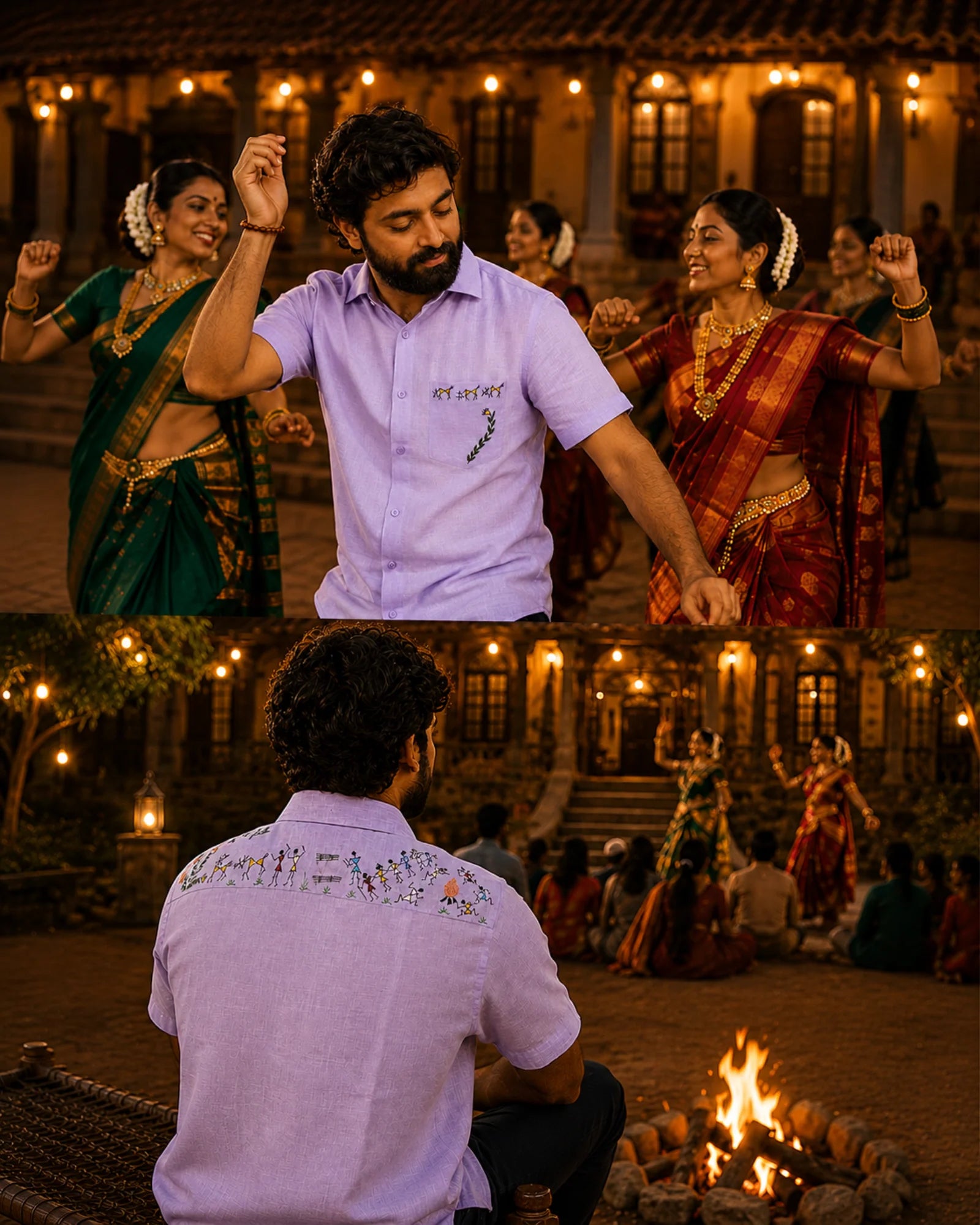 Warli Aabha hand-painted linen shirt shown in a styled context composition featuring front and back views. The pocket artwork depicts Warli figures, birds, flowering plants and basket-carrying forms, while the upper back artwork presents a continuous narrative panel with warli dancers, animals, ritual elements and community scenes. Set within an illuminated heritage courtyard during an evening cultural performance, with traditional dancers, gathering spectators and a bonfire creating a festive atmosphere.