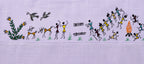 Close-up of the back artwork on the Warli Aabha hand-painted linen shirt, featuring a flowering plant, two birds in flight, goats, enjoying figures, wood stocks, a procession of warli tarpa dance, and a gathering around a ceremonial fire arranged across the upper back yoke in a continuous Warli composition.