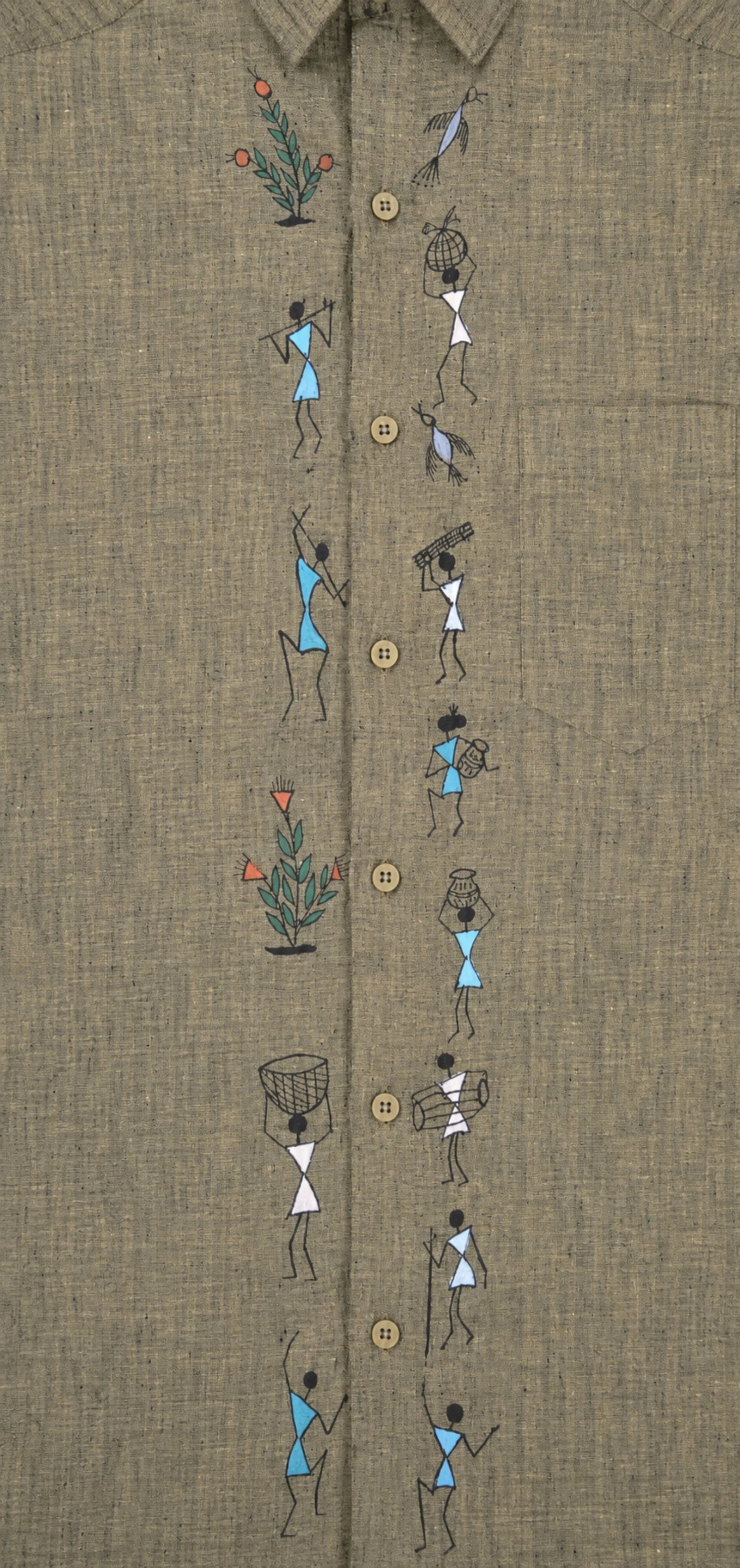 Warli hand-painted linen shirt featuring fifteen individual Warli motifs arranged vertically along both sides of the front button placket, including dancers, basket carriers, musicians, floral elements, birds, and village life figures, preserved in their original sequence.
