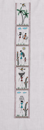 Close-up of the vertical front artwork on the Warli Pravah hand-painted linen shirt, featuring hand-painted narrative panels with palm trees, birds, clouds, flowering plants, drummers, basket carriers, water-pot carriers, and human figures arranged within a continuous ornamental warli border running alongside the front button placket.