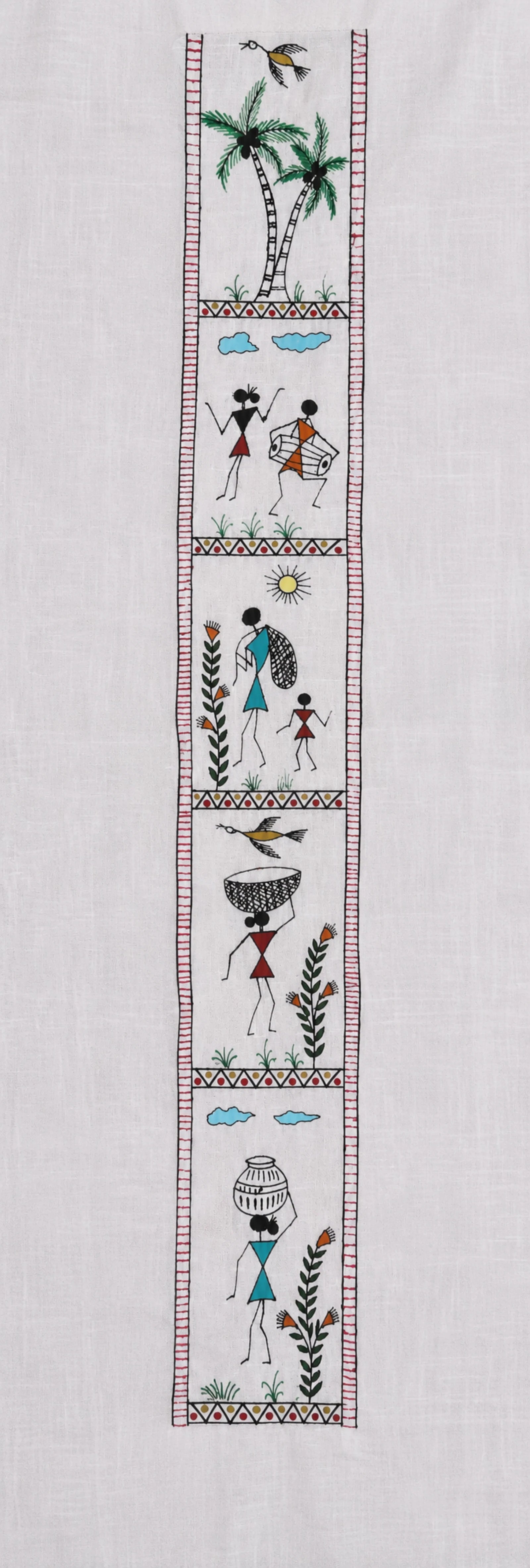 Close-up of the vertical front artwork on the Warli Pravah hand-painted linen shirt, featuring hand-painted narrative panels with palm trees, birds, clouds, flowering plants, drummers, basket carriers, water-pot carriers, and human figures arranged within a continuous ornamental warli border running alongside the front button placket.