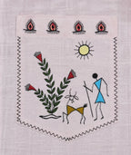 Warli Pravah chest pocket artwork depicting a flowering plant, animal and human figure beneath the sun, hand-painted on pure linen within a decorative warli border.