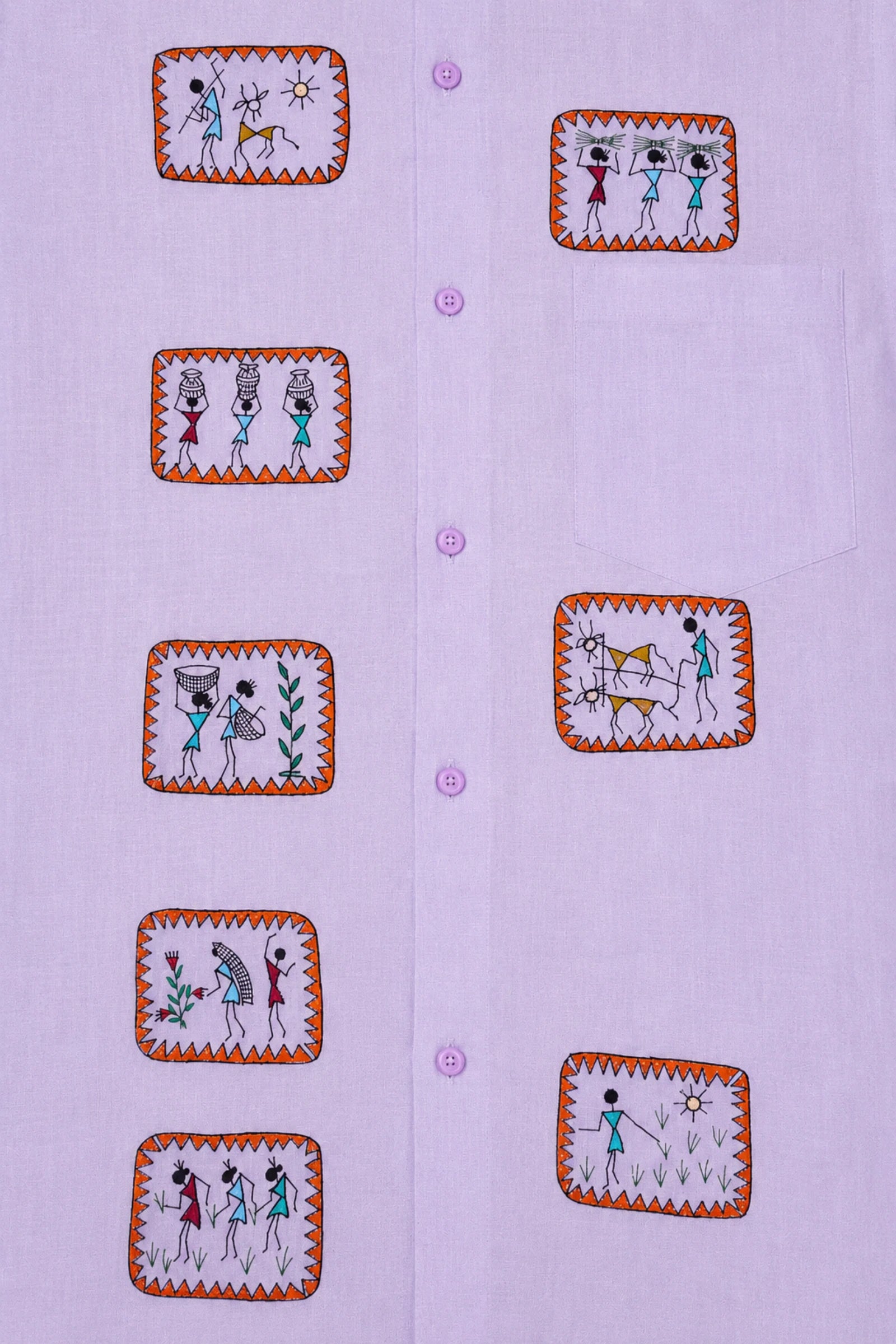Warli Samriddhi hand-painted linen shirt front panel close-up showing eight framed Warli artworks arranged across the front, with five artworks along the right placket and three along the left, depicting village life, celebration, farming, and daily activities.