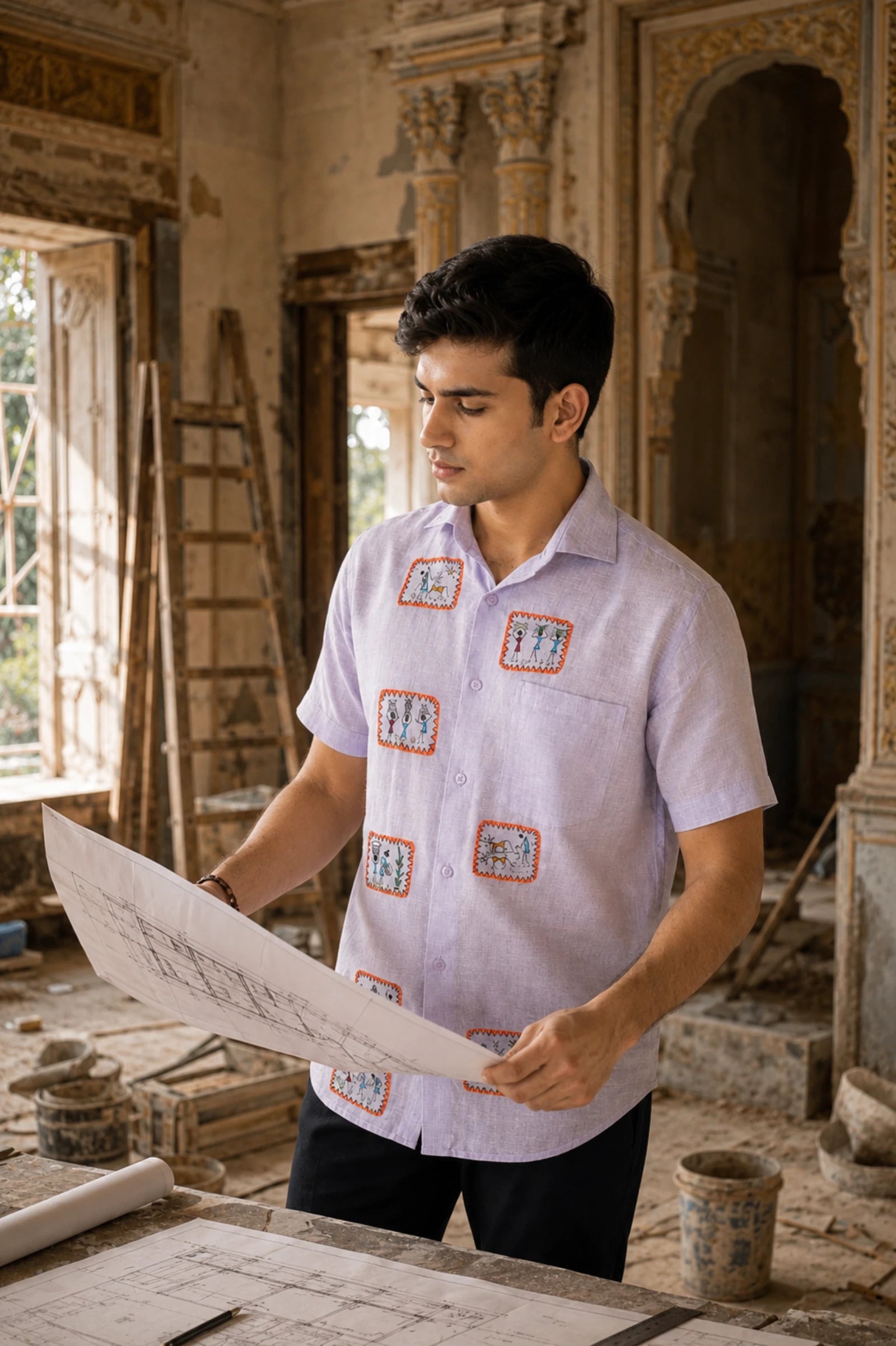 Warli Samriddhi hand-painted linen shirt with eight framed Warli narrative artworks across the front, photographed within a heritage palace restoration setting while examining architectural plans.