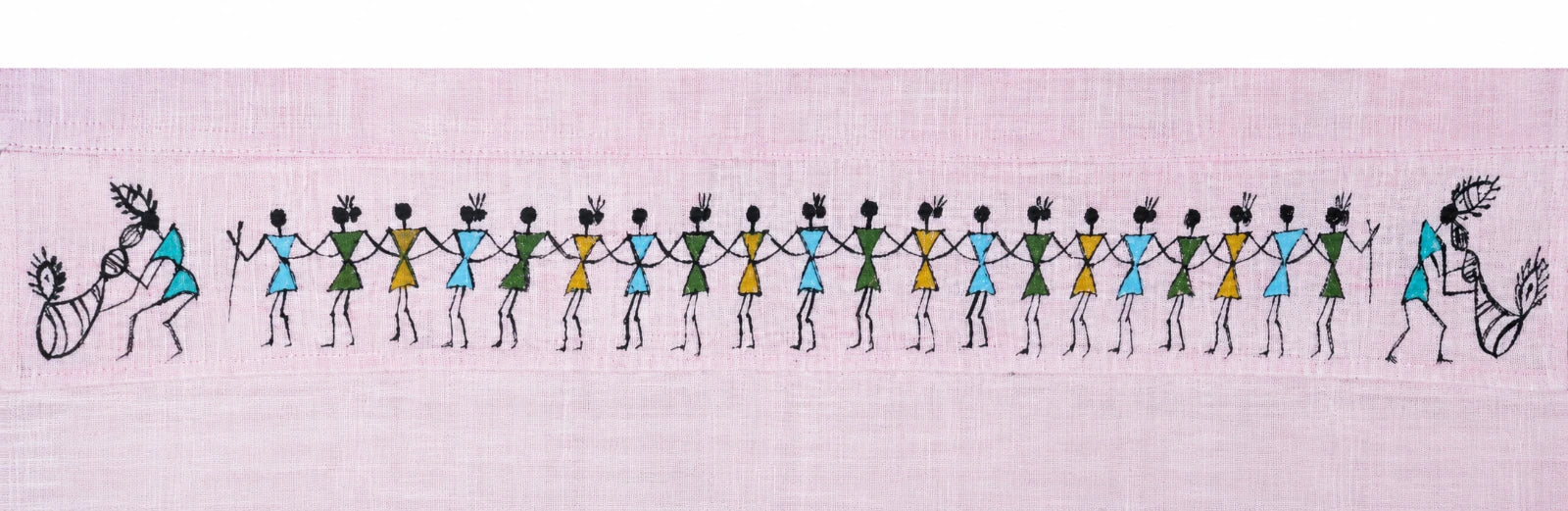 Closeup of Warli Ullas collar artwork depicting a Tarpa musician leading a traditional Tarpa dance procession, hand-painted on pure linen with continuous celebratory figures across the collar.