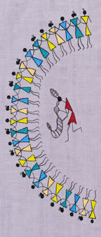 Close-up of the front artwork panel on the Warli Pravah hand-painted linen shirt, featuring a circular Tarpa dance composition with interconnected human figures gathered around a Tarpa player.